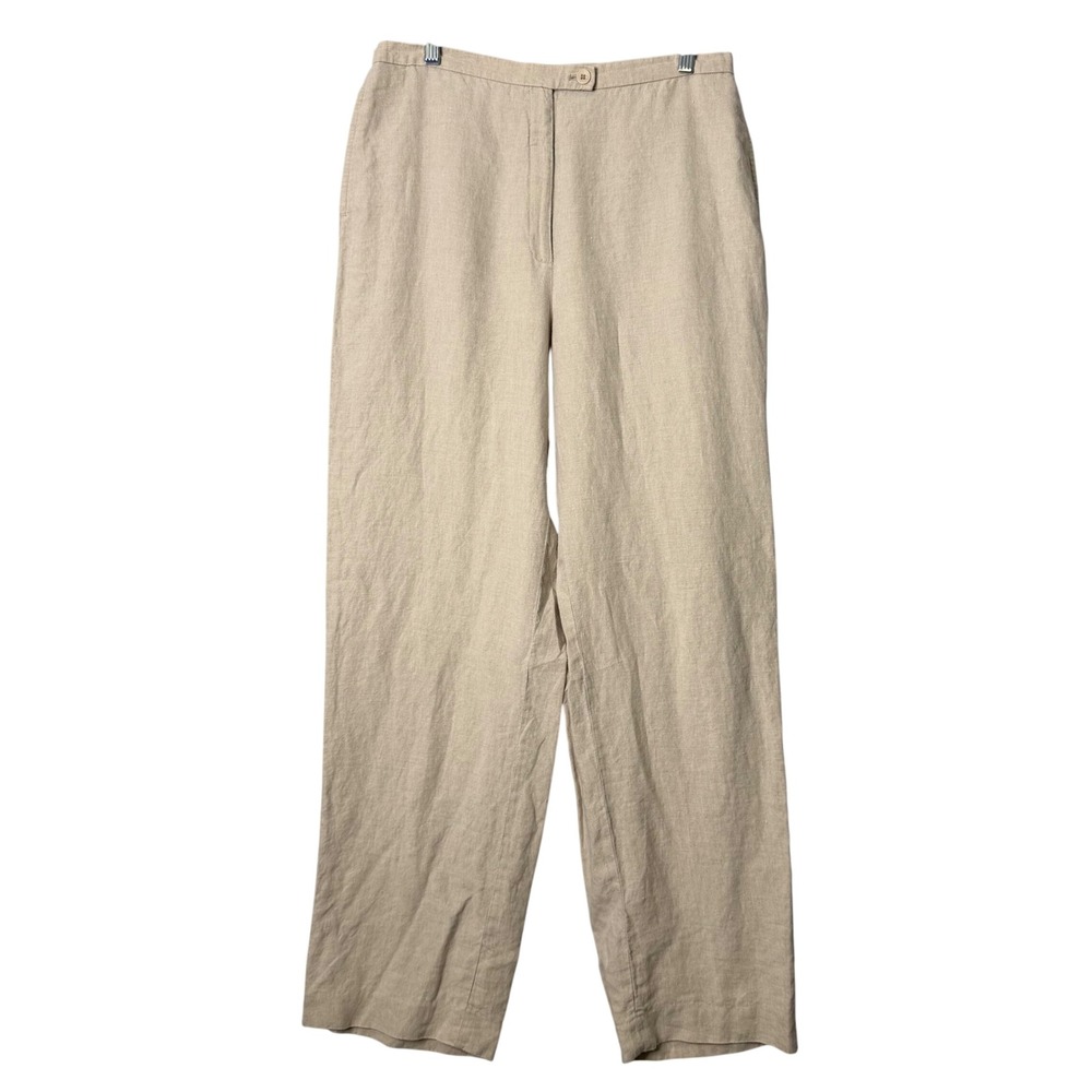 Eddie Bauer 100% Linen Trouser Pants Women 14 Tall Tan High Waist Relaxed Pleats